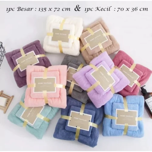 Handuk 2in1 Bulu Lembut Polos Towel Set Besar & Kecil Souvenir Hadiah