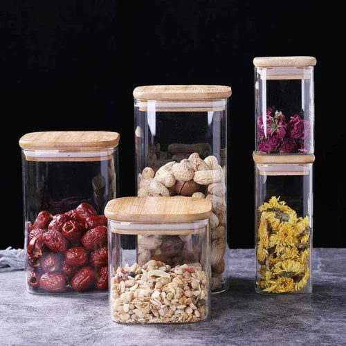 Toples Kaca Tutup Kayu Kedap Udara / Glass Storage Jar Bumbu Gula Kopi