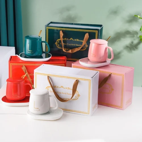 Paket Box Mug Warmer /Set Gelas Keramik + Sendok + Penghangat Elektrik