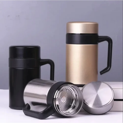 Mug Tea HN22 Termos Cup Gagang Tumbler Gelas Botol Stainless Hitam Emas Black Gold Silver