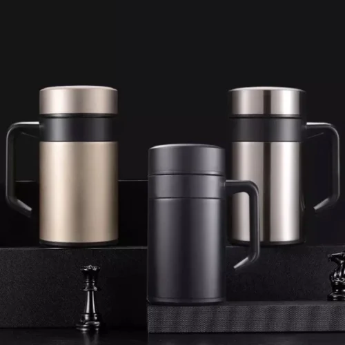Mug Tea HN22 Termos Cup Gagang Tumbler Gelas Botol Stainless Hitam Emas Black Gold Silver